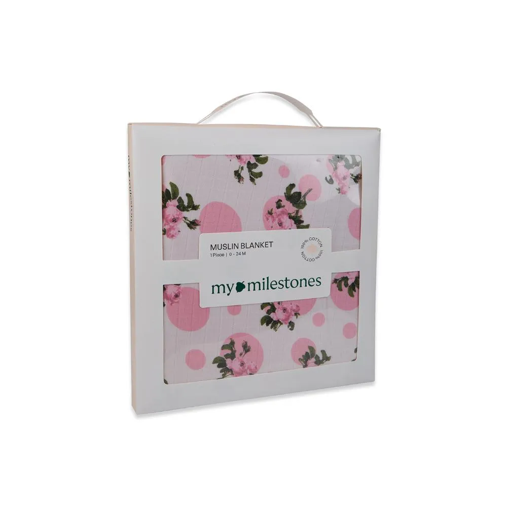 100% Premium Cotton 4/6 Layered Baby Muslin Blanket Tea Rose Print - Pink - (43x43 Inches)