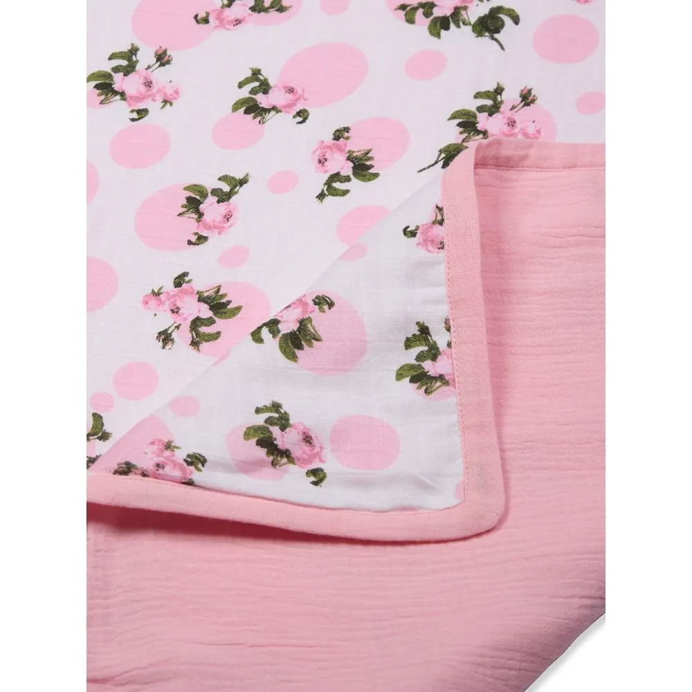 100% Premium Cotton 4/6 Layered Baby Muslin Blanket Tea Rose Print - Pink - (43x43 Inches)