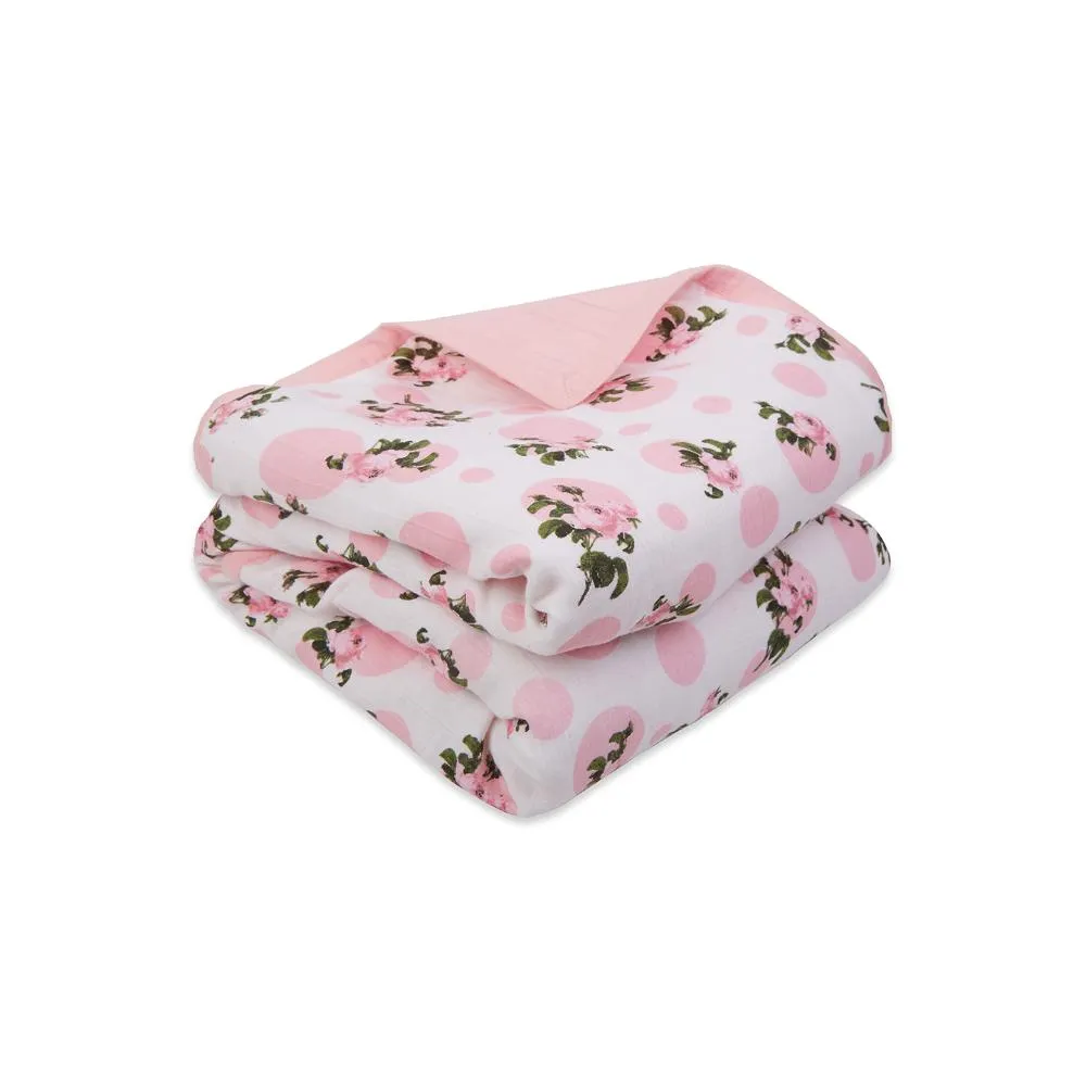 100% Premium Cotton 4/6 Layered Baby Muslin Blanket Tea Rose Print - Pink - (43x43 Inches)