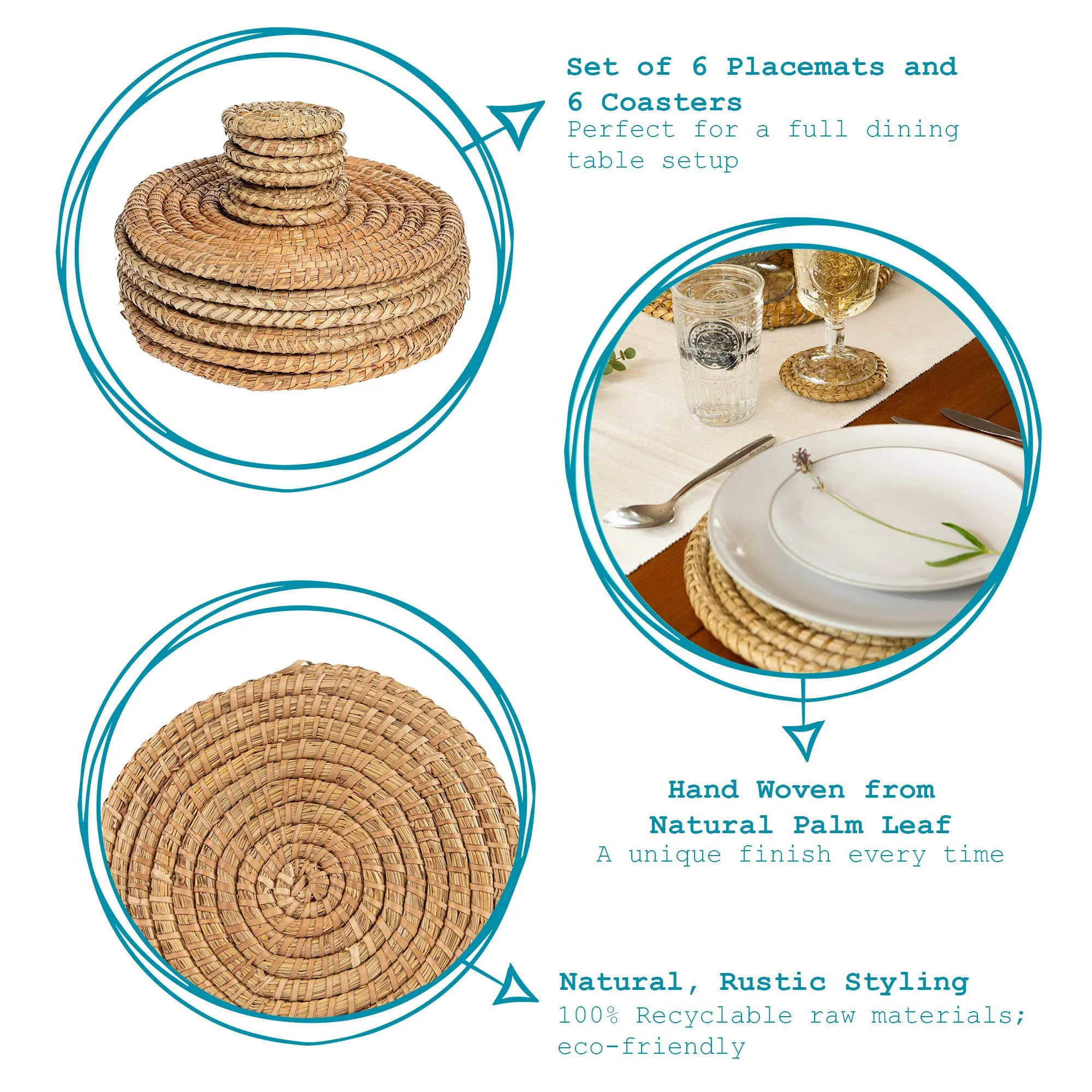 12pc Woven Palm Leaf Placemats & Coasters Set - By Argon Tableware