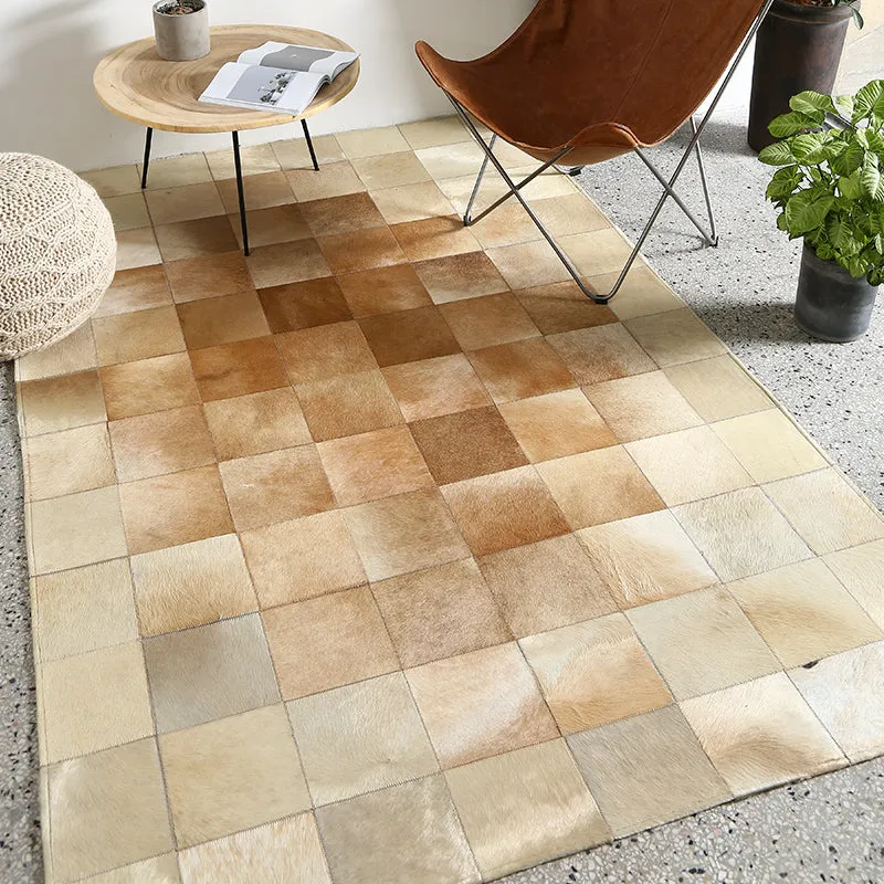 Cream and Fawn Square Patchwork Hide Rug