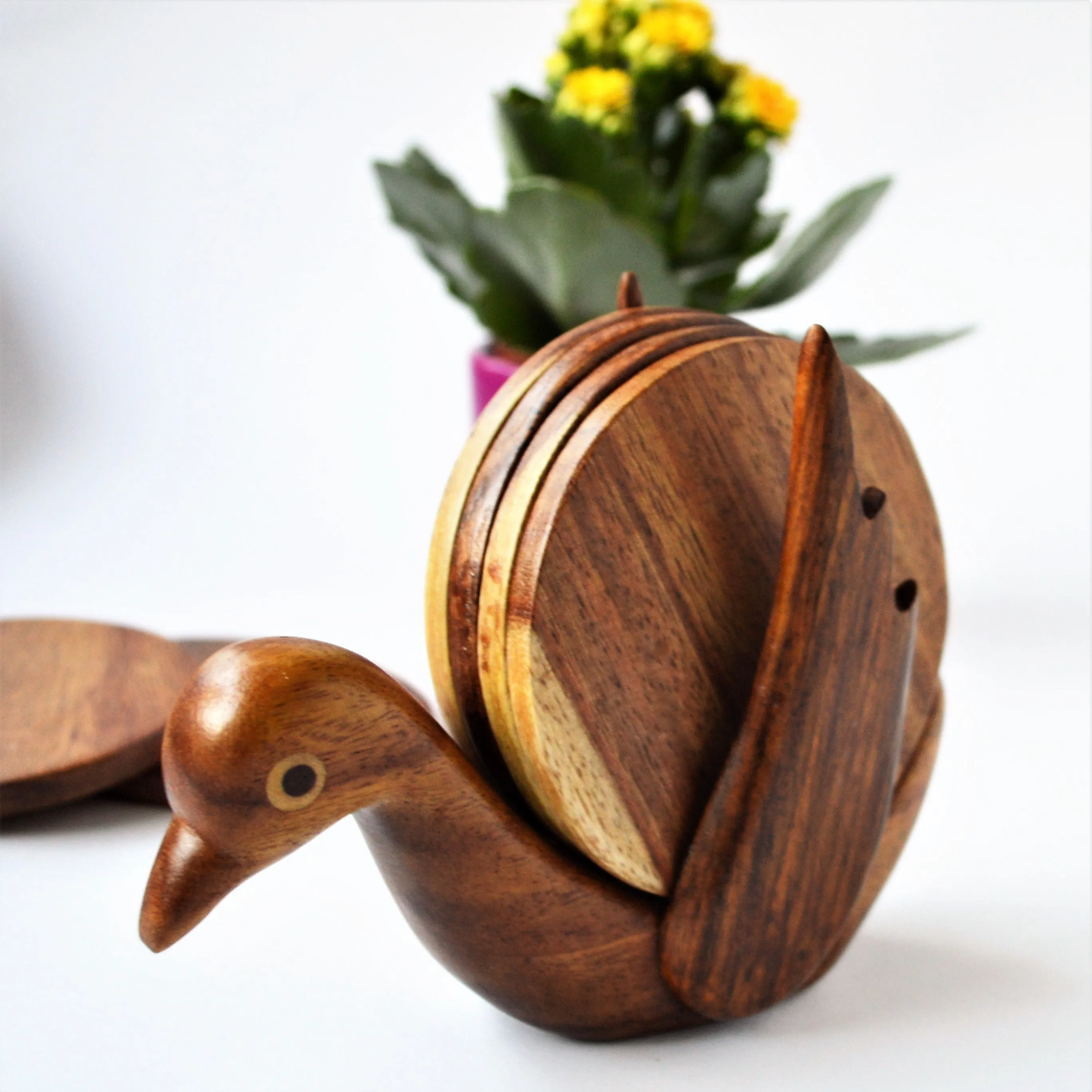 Hand-carved BIRD coaster set