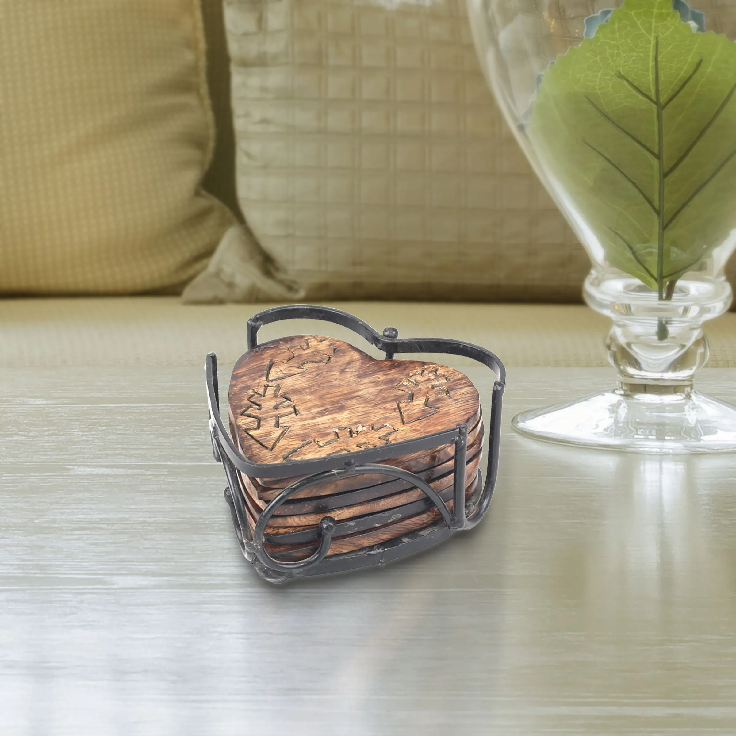 Heart-Shaped Wood Coasters with Burned Arrow Design and Black Metal Holder (Set of 6) (WS)