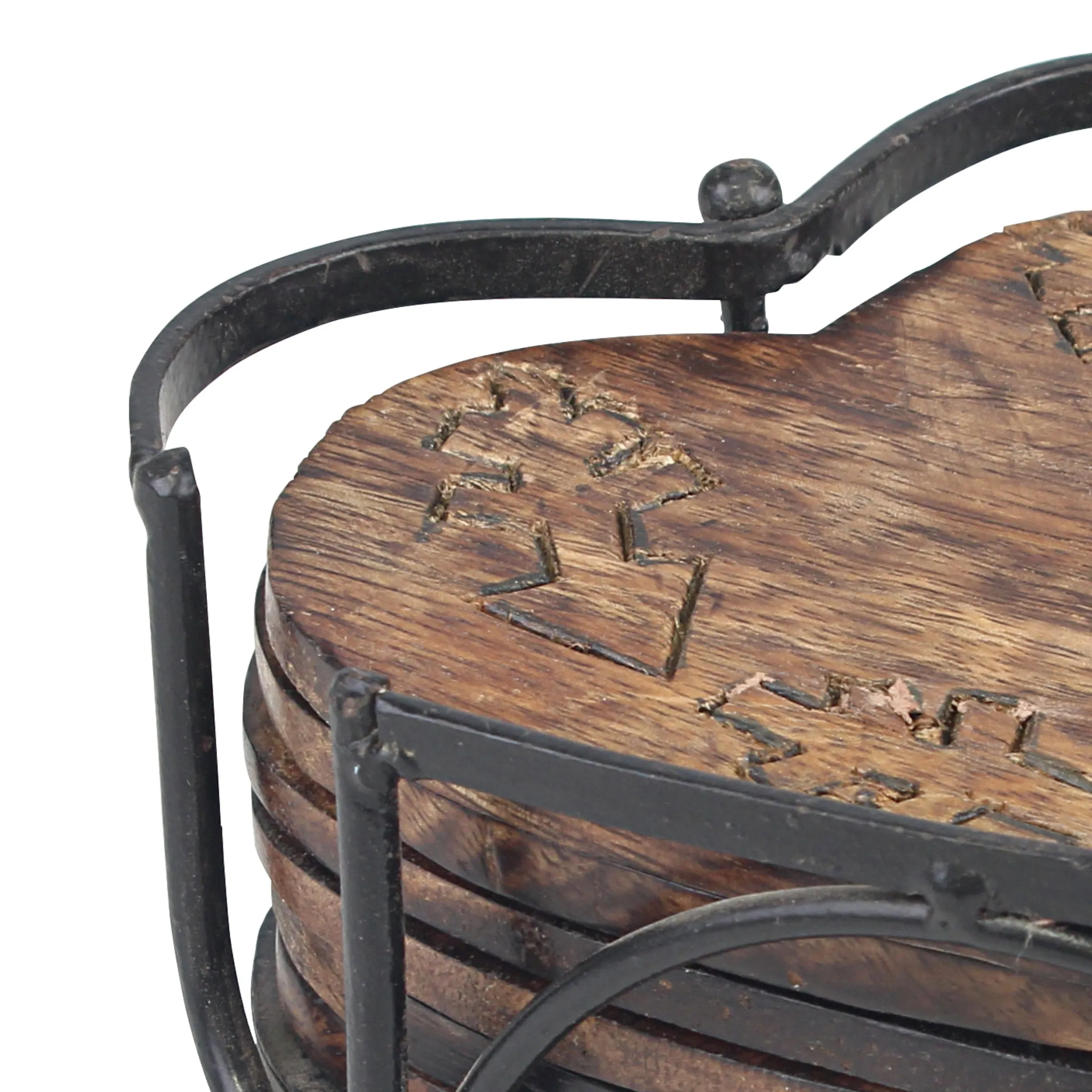 Heart-Shaped Wood Coasters with Burned Arrow Design and Black Metal Holder (Set of 6) (WS)