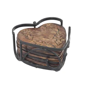Heart-Shaped Wood Coasters with Burned Arrow Design and Black Metal Holder (Set of 6) (WS)