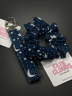 Katie Clouds Scrunchie & Keychain Wristlet Set - Moons & Stars  - Hand Made in England