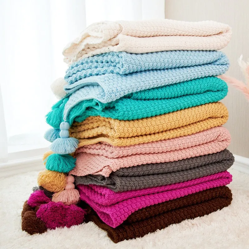 Large Knitted Blanket with Tassels 110x240cm