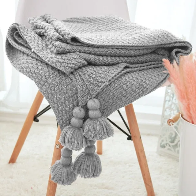 Large Knitted Blanket with Tassels 110x240cm