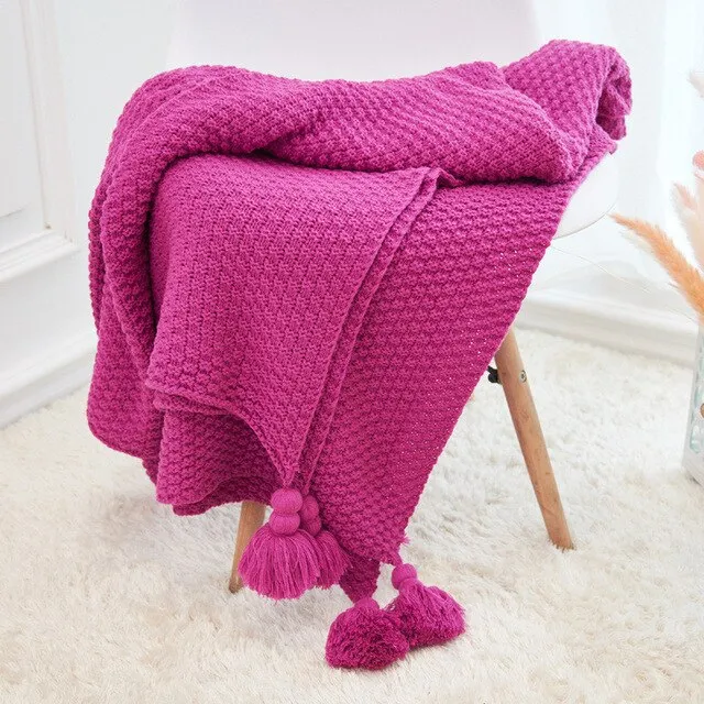 Large Knitted Blanket with Tassels 110x240cm