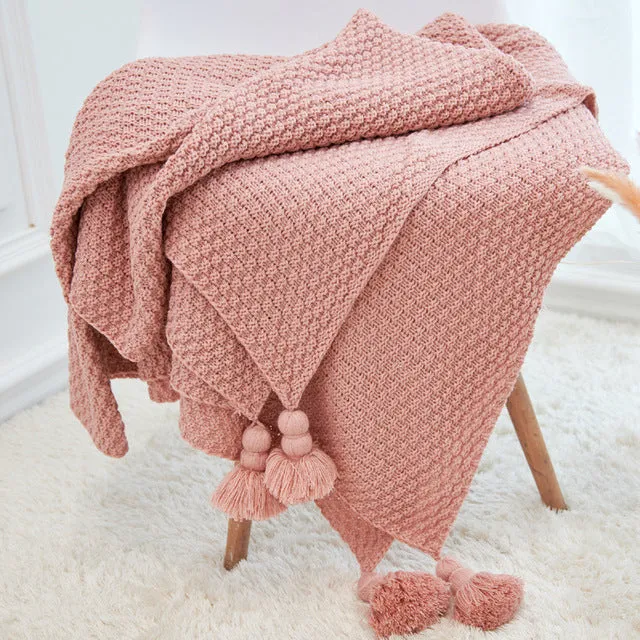 Large Knitted Blanket with Tassels 110x240cm