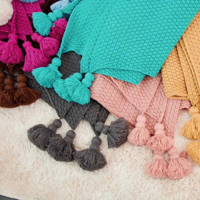 Large Knitted Blanket with Tassels 110x240cm