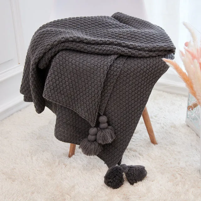 Large Knitted Blanket with Tassels 110x240cm