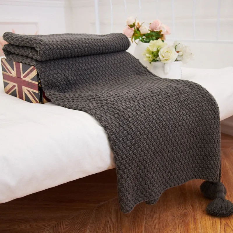 Large Knitted Blanket with Tassels 110x240cm