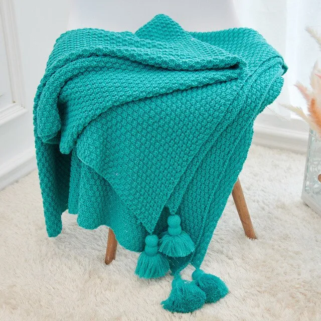 Large Knitted Blanket with Tassels 110x240cm