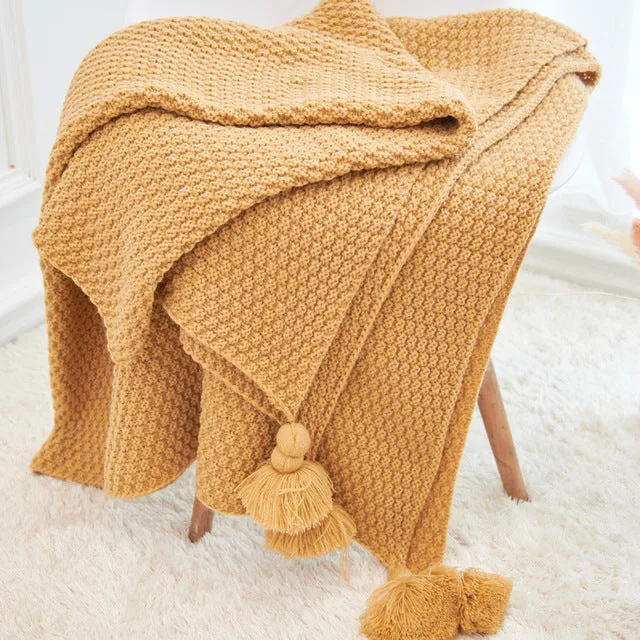 Large Knitted Blanket with Tassels 110x240cm
