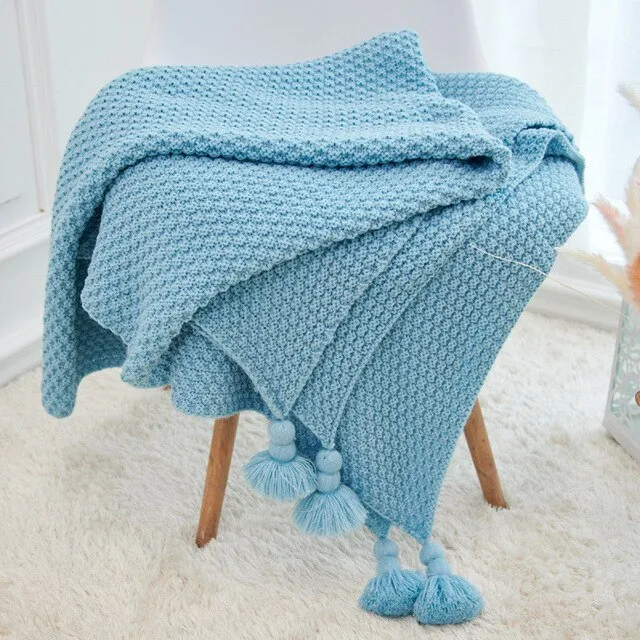 Large Knitted Blanket with Tassels 110x240cm