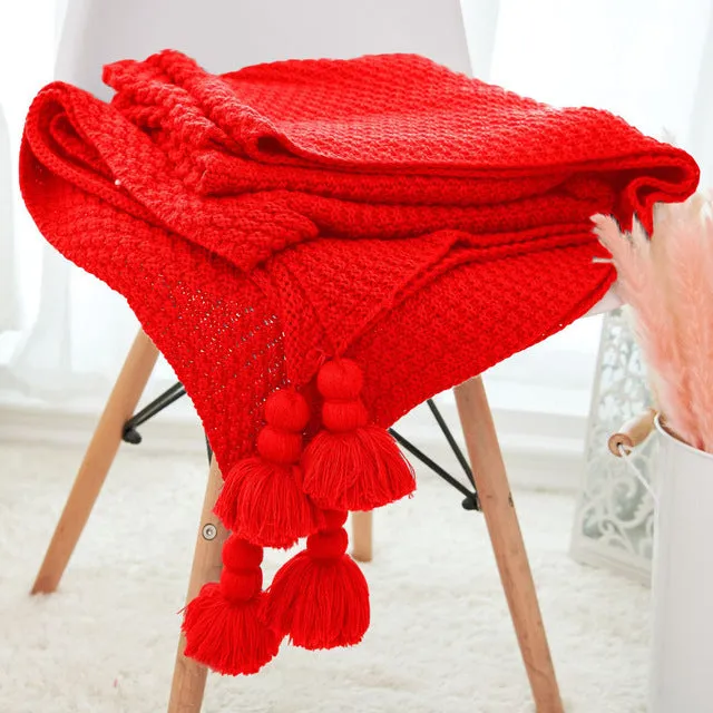 Large Knitted Blanket with Tassels 110x240cm