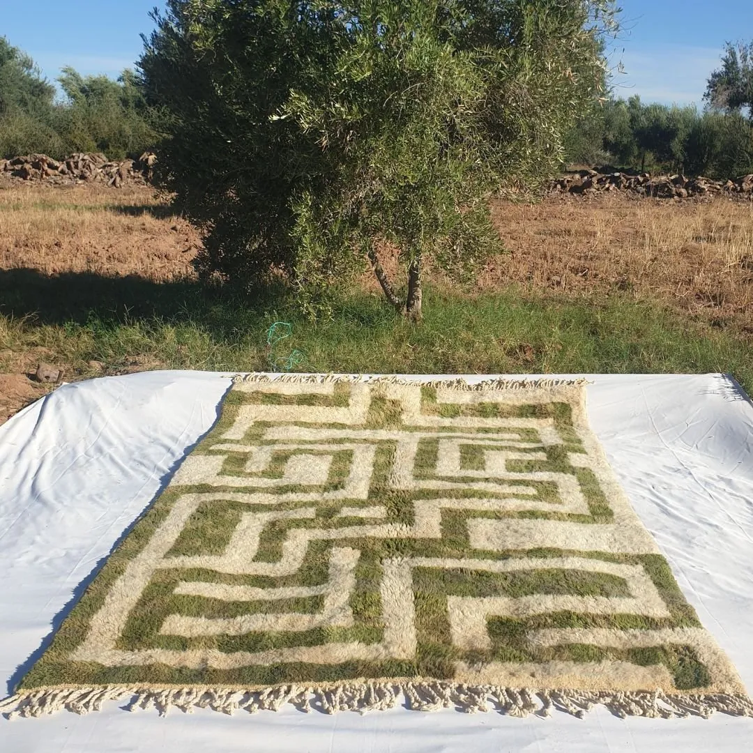 Mataha | Sage Green Checkered Moroccan Rug 6x9 Beni Ourain Ultra Soft | Authentic Berber wool Beni Rug | 6'40x9'09 Ft | 195x277 cm