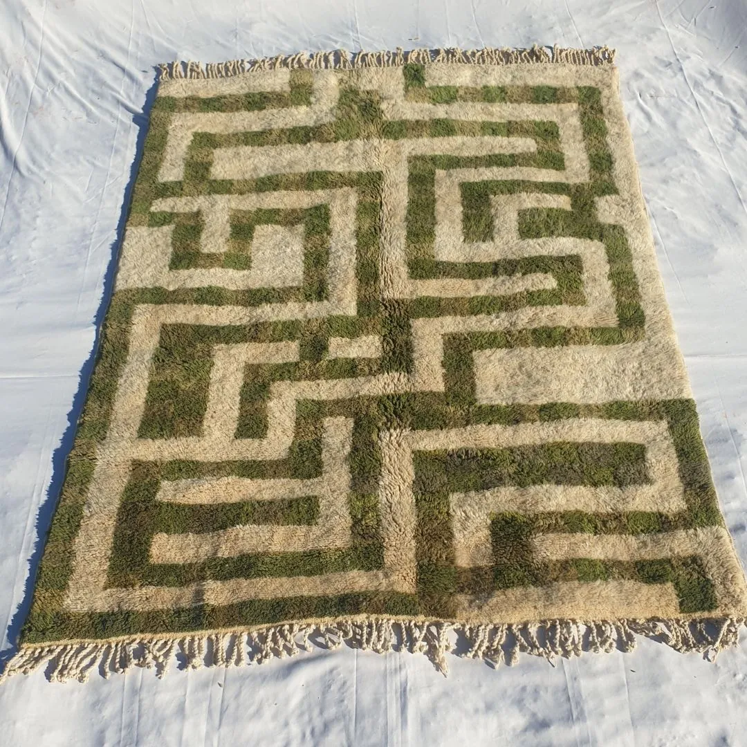 Mataha | Sage Green Checkered Moroccan Rug 6x9 Beni Ourain Ultra Soft | Authentic Berber wool Beni Rug | 6'40x9'09 Ft | 195x277 cm