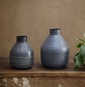 Matt Black Metal Vase with Imprinted Detail - Two Sizes
