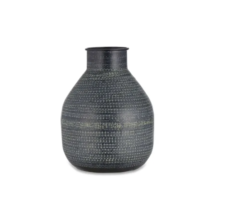 Matt Black Metal Vase with Imprinted Detail - Two Sizes