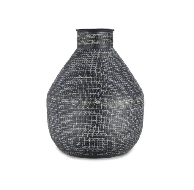 Matt Black Metal Vase with Imprinted Detail - Two Sizes