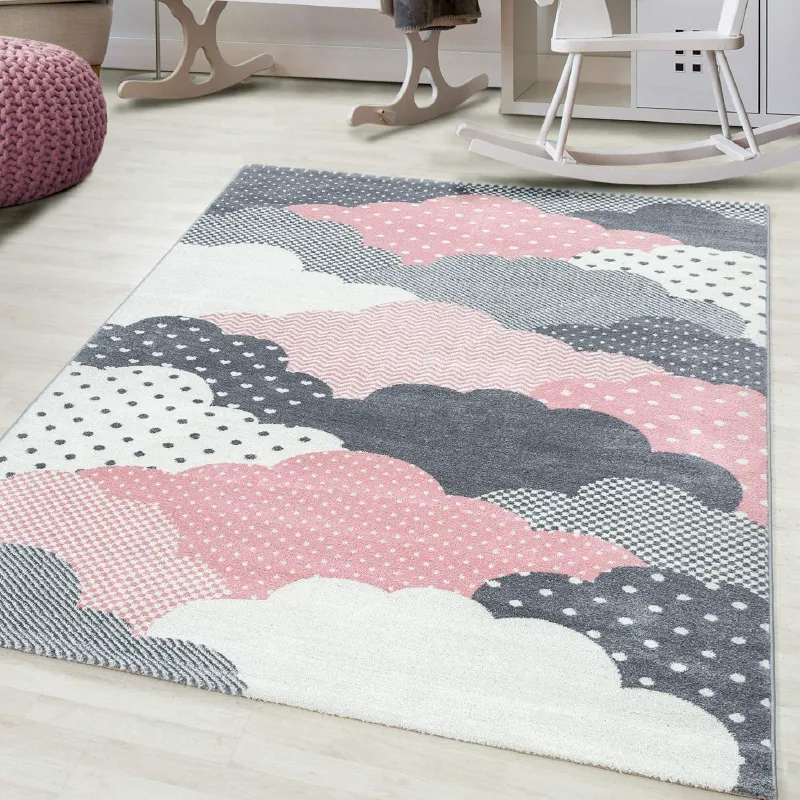 Pink and Grey Clouds Kids Rug - Bambi