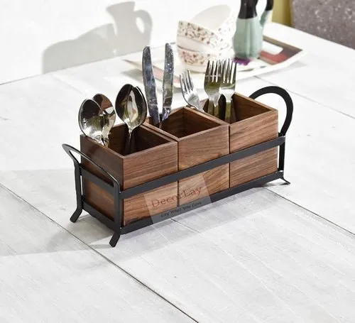 Sheesham Wood Cutlery Holder for Kitchen With 3 Contenment
