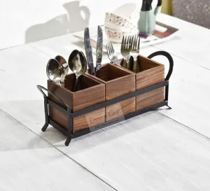 Sheesham Wood Cutlery Holder for Kitchen With 3 Contenment