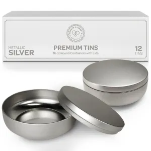 Silver Candle Tins 16 Oz With Lids - 12-Pack Of Bulk Candle Jars