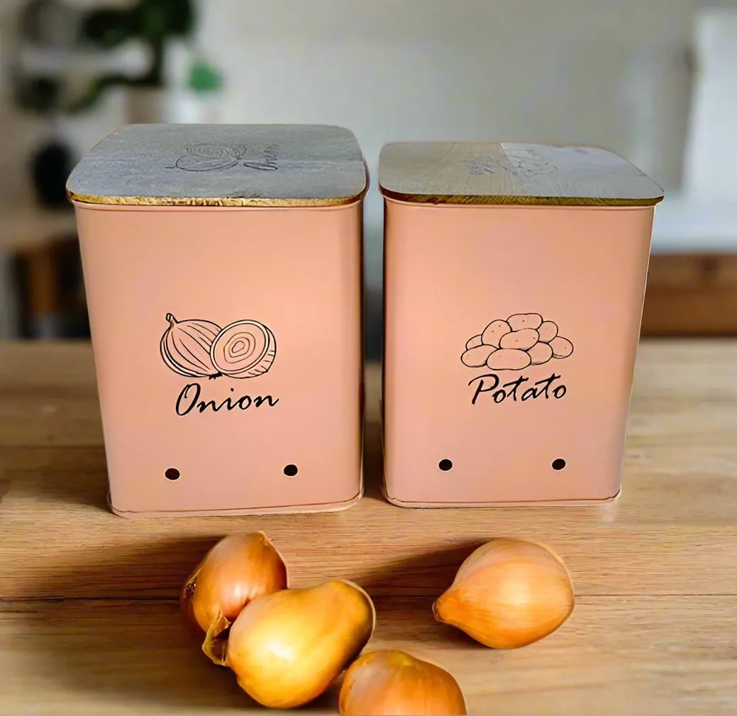 Storage Bin for Potato & Onion 2 Pack Set Countertop Pots Containers with Wooden Lid/Kitchen Canisters Set By MA