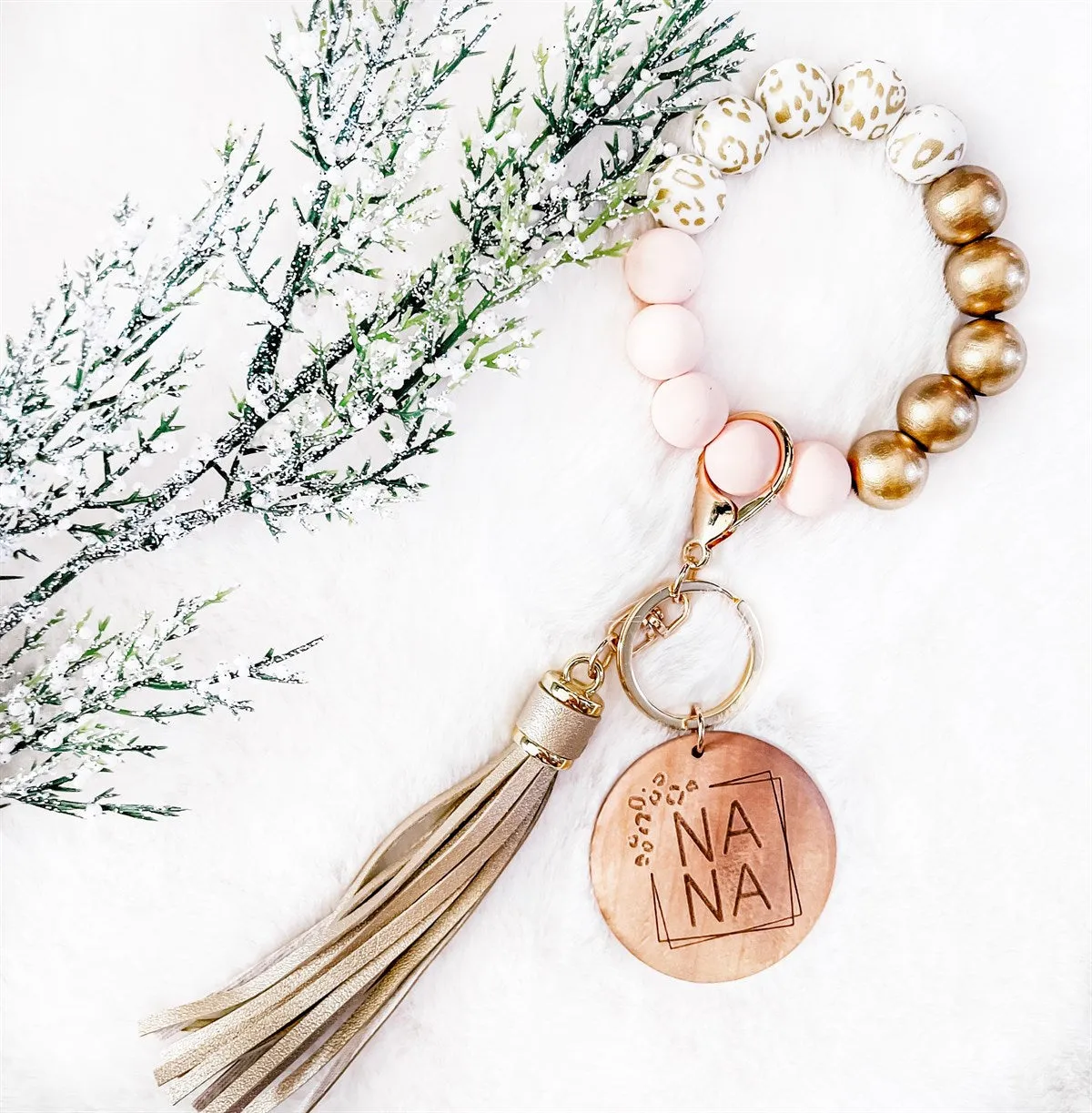 Trending Rose & White Leopard Bracelet Key Chain - Girl Mom - Grandma - Nana