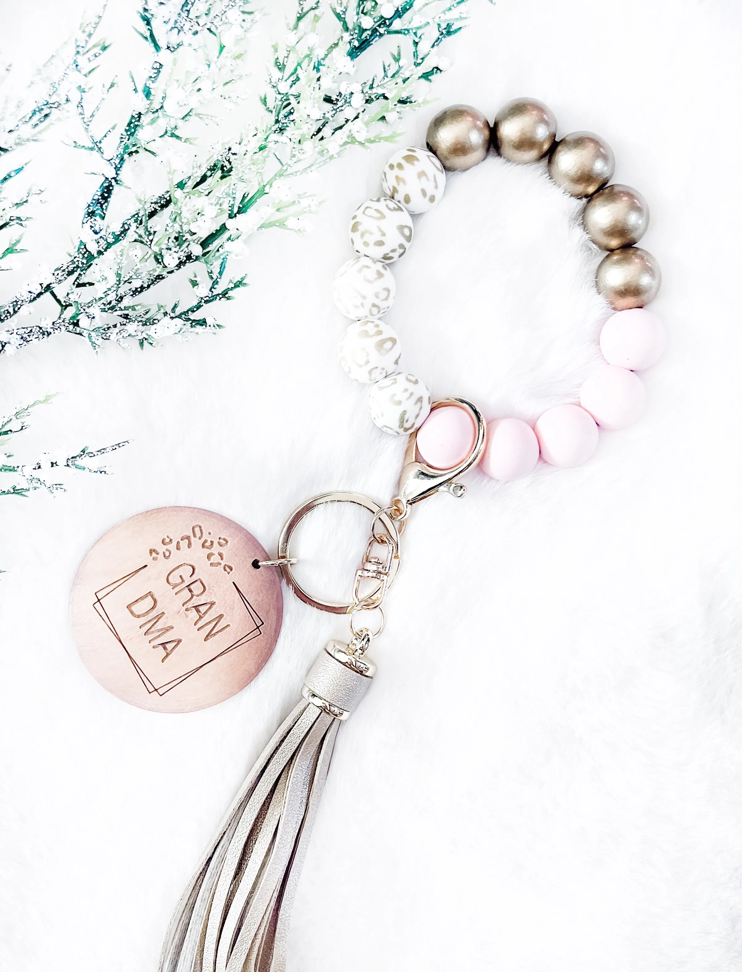 Trending Rose & White Leopard Bracelet Key Chain - Girl Mom - Grandma - Nana