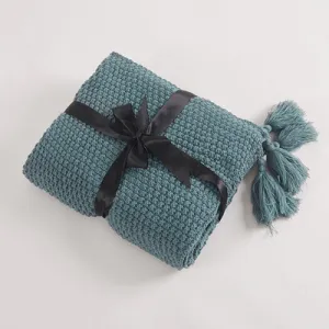 Turquoise Green Nordic Solid Colour Tassel Knitted Blanket Throw
