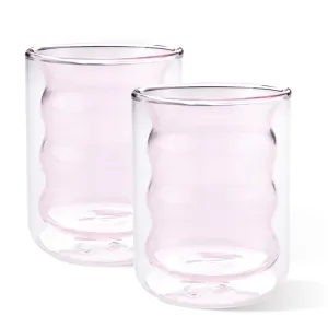 UMAI Double Wall Borosilicate Glass Coffee Mug Set of 2-200ml | Unique Curvy Design | High Thermal Resistance | Microwave/Dishwasher Safe | Gifting Pack for Friends/Couples | Pink