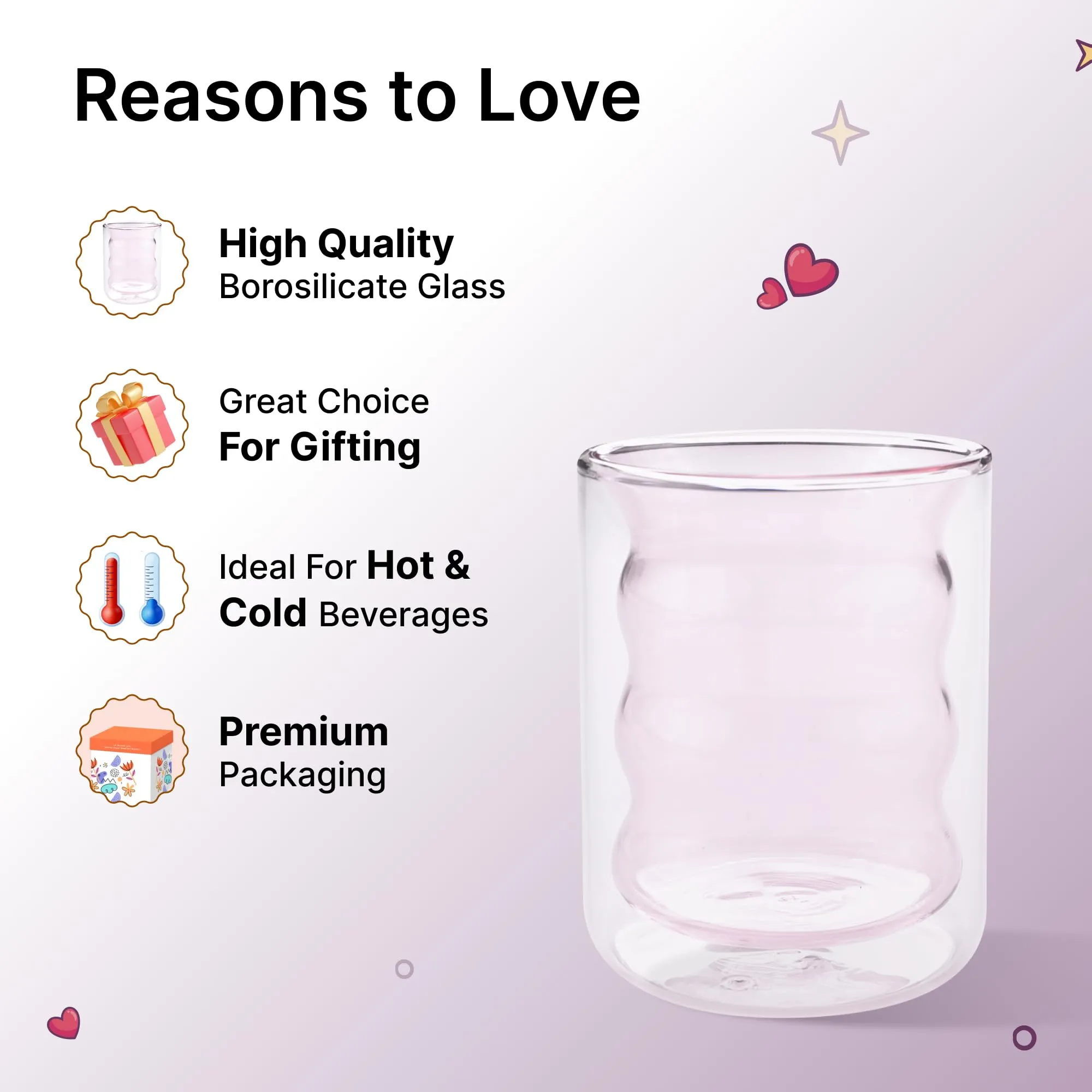 UMAI Double Wall Borosilicate Glass Coffee Mug Set of 2-200ml | Unique Curvy Design | High Thermal Resistance | Microwave/Dishwasher Safe | Gifting Pack for Friends/Couples | Pink