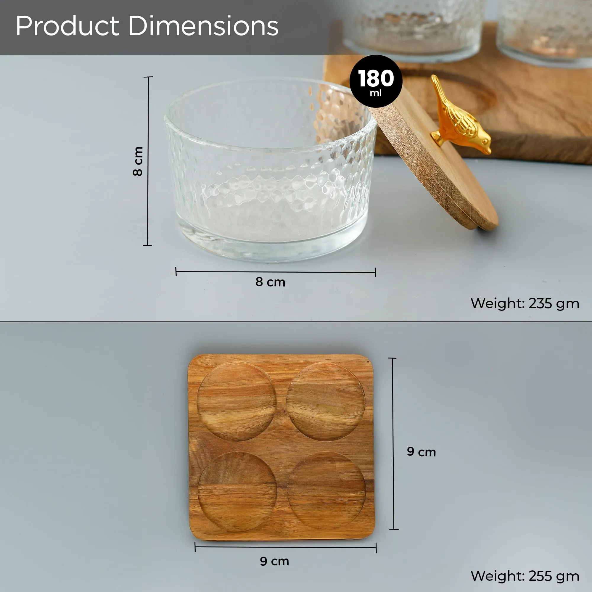 UMAI Platters Serving Set for Snacks with Wooden Tray & 4 Jars (180ml Each) | Premium Soda Lime Glass | Snacks Serving Bowls with Tray | Serving Tray with Bowls for Snacks