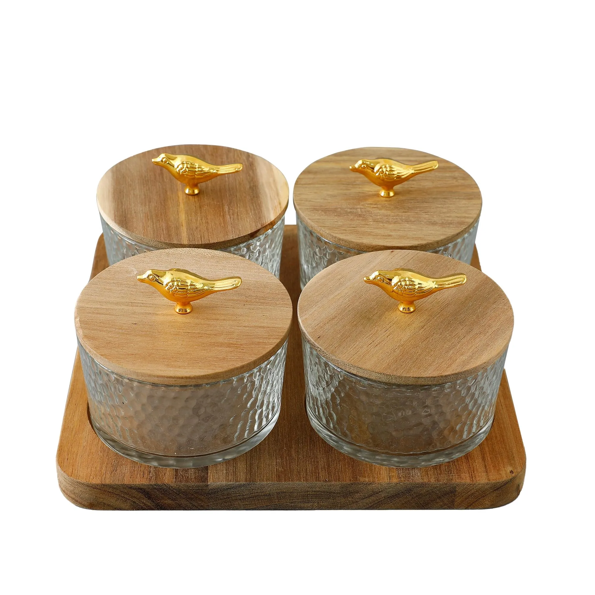 UMAI Platters Serving Set for Snacks with Wooden Tray & 4 Jars (180ml Each) | Premium Soda Lime Glass | Snacks Serving Bowls with Tray | Serving Tray with Bowls for Snacks