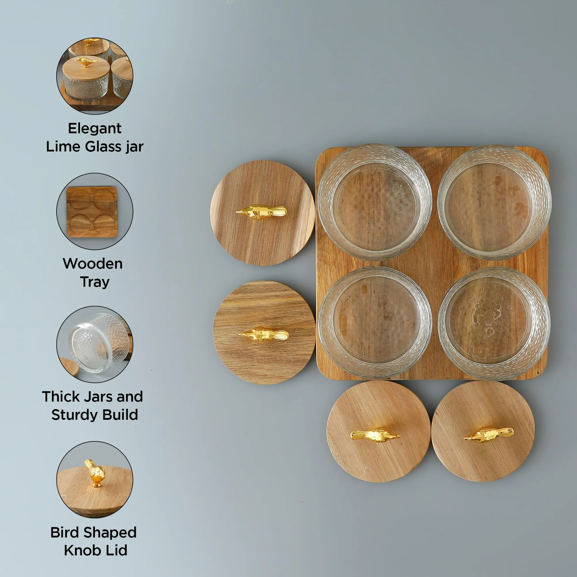 UMAI Platters Serving Set for Snacks with Wooden Tray & 4 Jars (180ml Each) | Premium Soda Lime Glass | Snacks Serving Bowls with Tray | Serving Tray with Bowls for Snacks