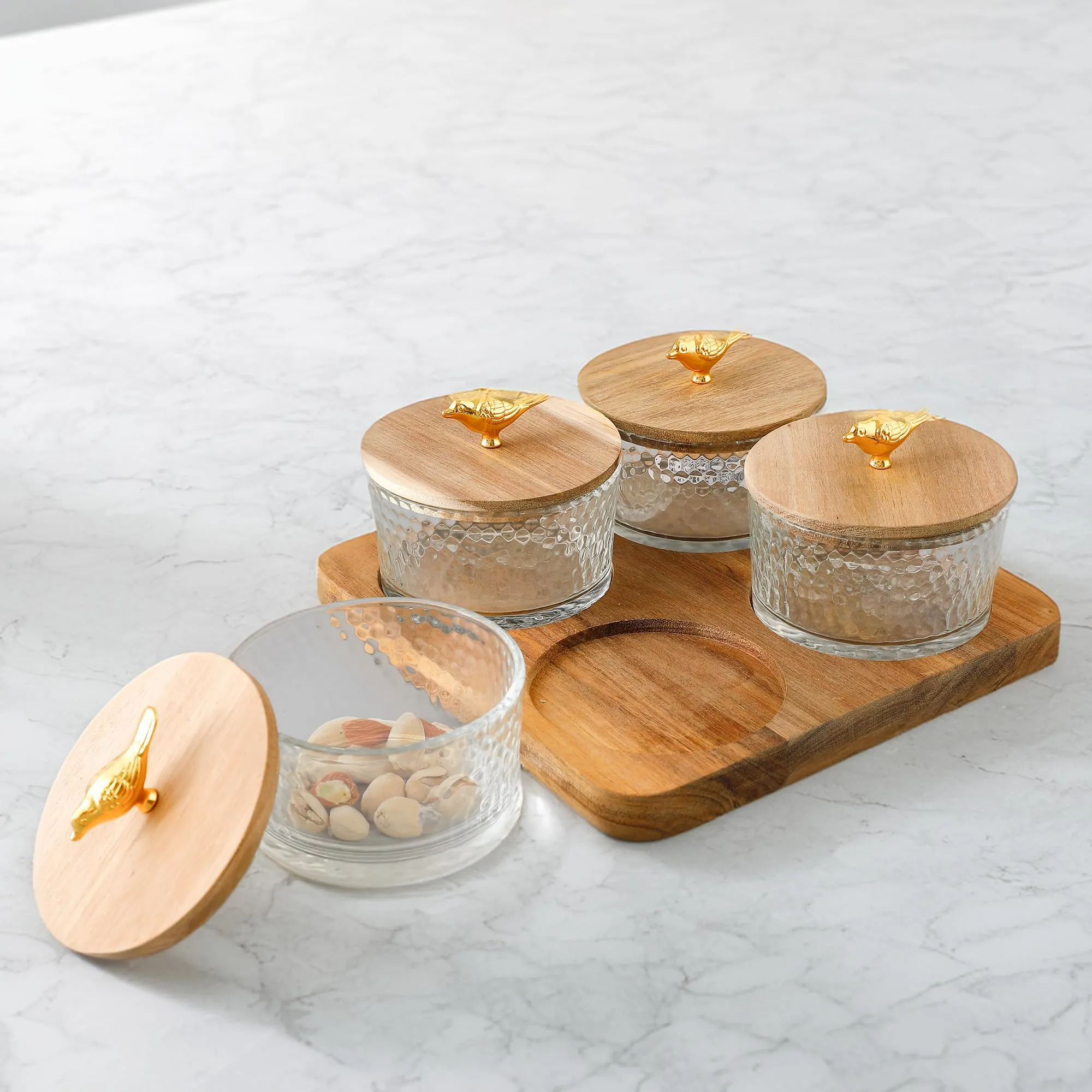 UMAI Platters Serving Set for Snacks with Wooden Tray & 4 Jars (180ml Each) | Premium Soda Lime Glass | Snacks Serving Bowls with Tray | Serving Tray with Bowls for Snacks