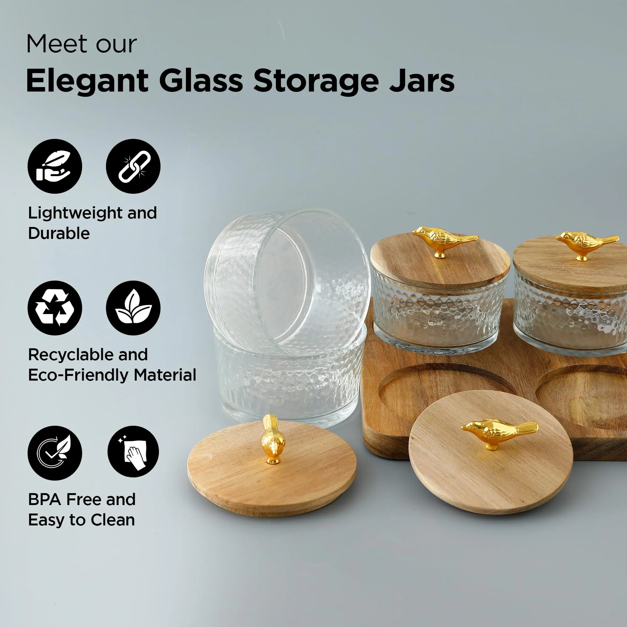 UMAI Platters Serving Set for Snacks with Wooden Tray & 4 Jars (180ml Each) | Premium Soda Lime Glass | Snacks Serving Bowls with Tray | Serving Tray with Bowls for Snacks