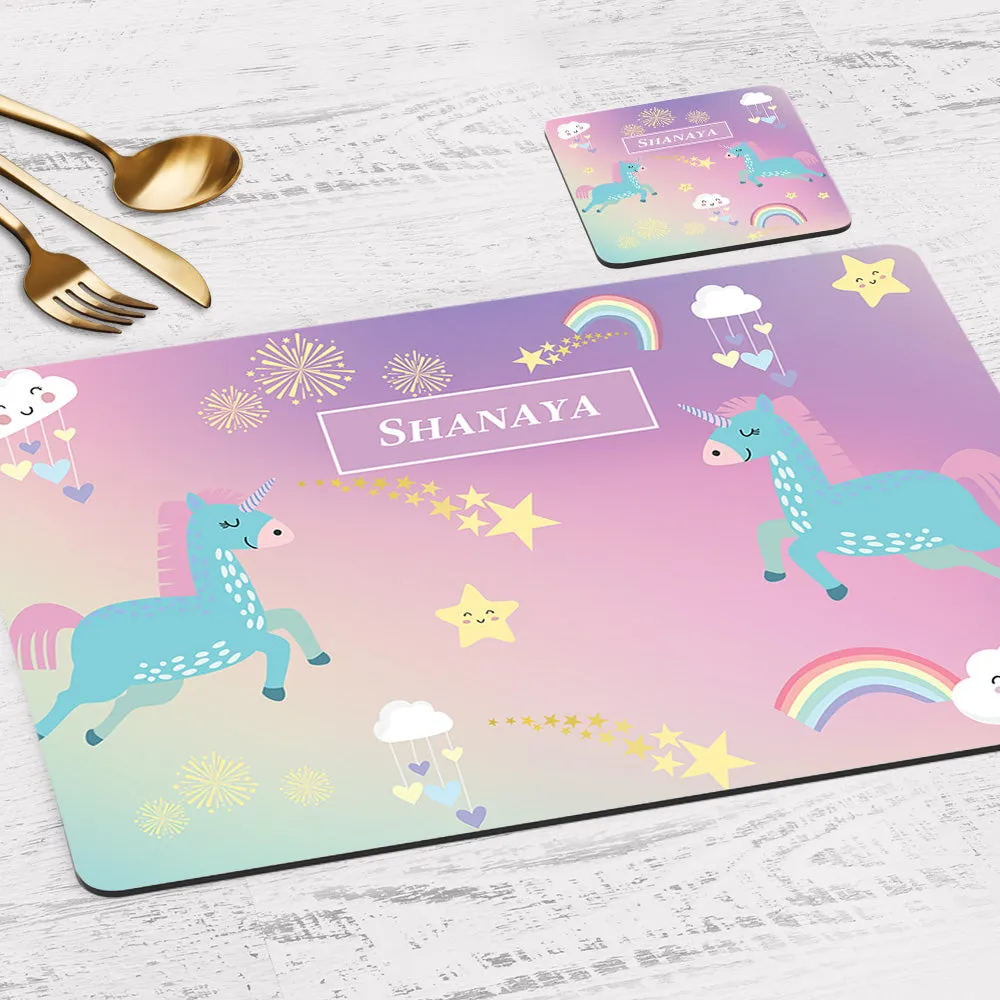 Unicorns & Rainbow Tableware Set (kids) (4 Placemats & 4 Casters)