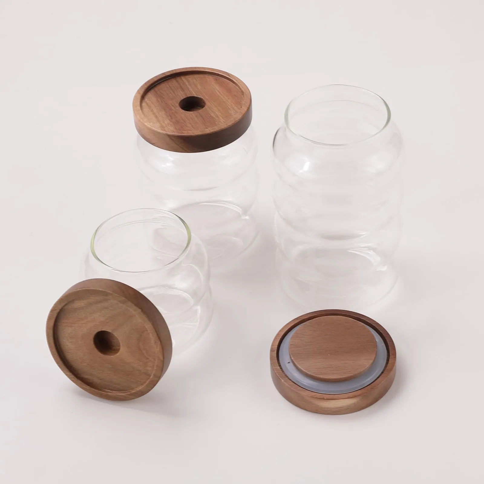 USHA SHRIRAM Borosilicate Containers With Wooden Lid (340ml, 550ml, 700ml) | Glass Container Jar For Kitchen Storage | Microwave Safe | Kitchen Containers Box With Air Tight Lid | Kitchen Organisers