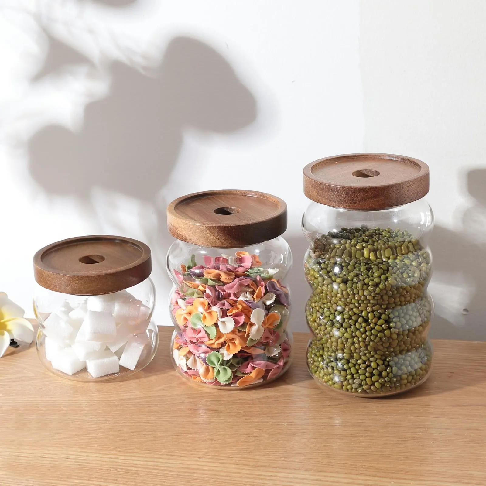 USHA SHRIRAM Borosilicate Containers With Wooden Lid (340ml, 550ml, 700ml) | Glass Container Jar For Kitchen Storage | Microwave Safe | Kitchen Containers Box With Air Tight Lid | Kitchen Organisers