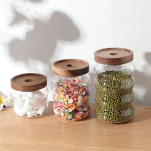 USHA SHRIRAM Borosilicate Containers With Wooden Lid (340ml, 550ml, 700ml) | Glass Container Jar For Kitchen Storage | Microwave Safe | Kitchen Containers Box With Air Tight Lid | Kitchen Organisers