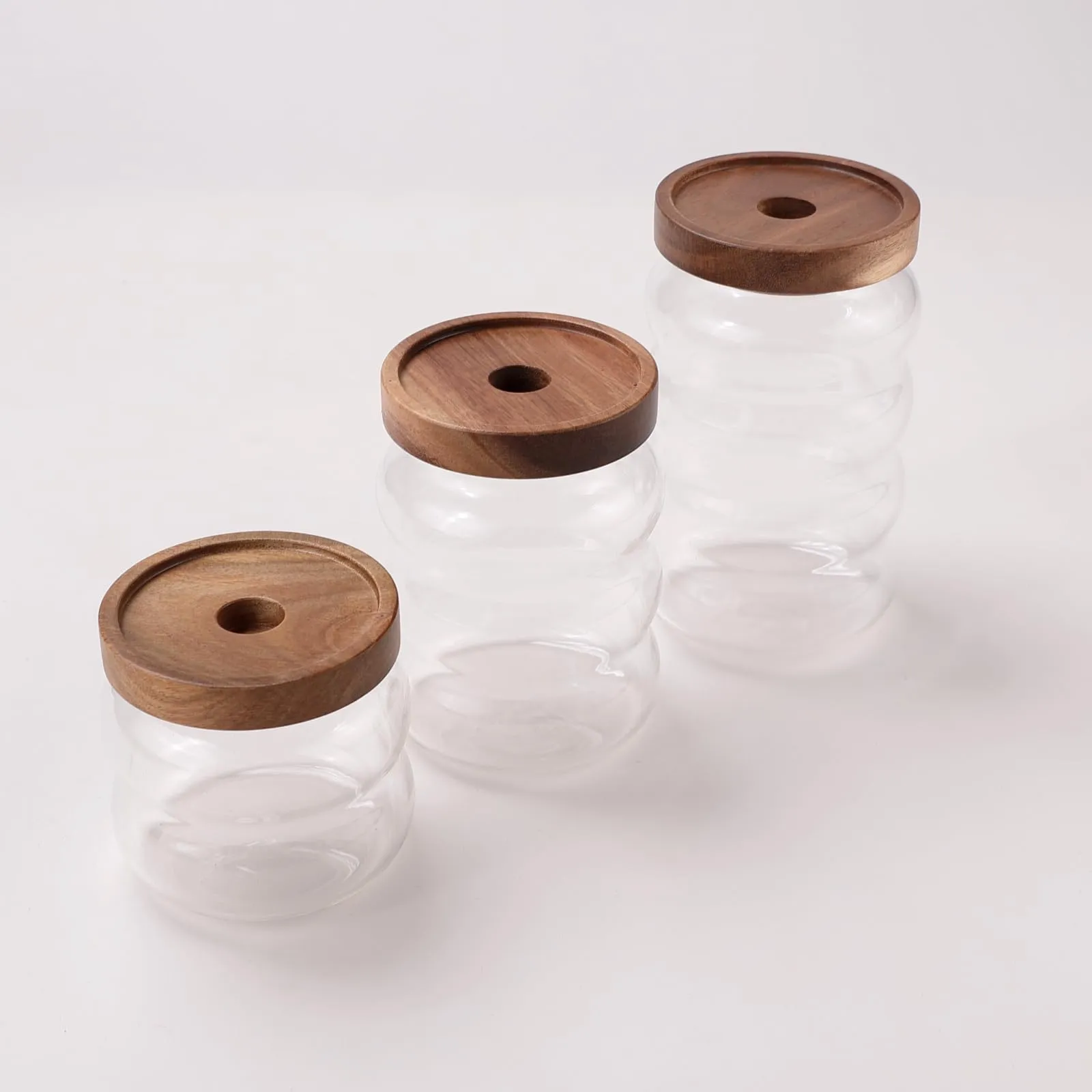 USHA SHRIRAM Borosilicate Containers With Wooden Lid (340ml, 550ml, 700ml) | Glass Container Jar For Kitchen Storage | Microwave Safe | Kitchen Containers Box With Air Tight Lid | Kitchen Organisers