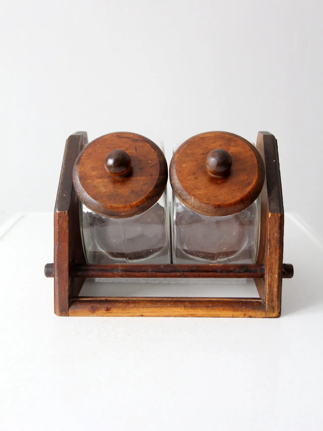 vintage glass jars with wood stand