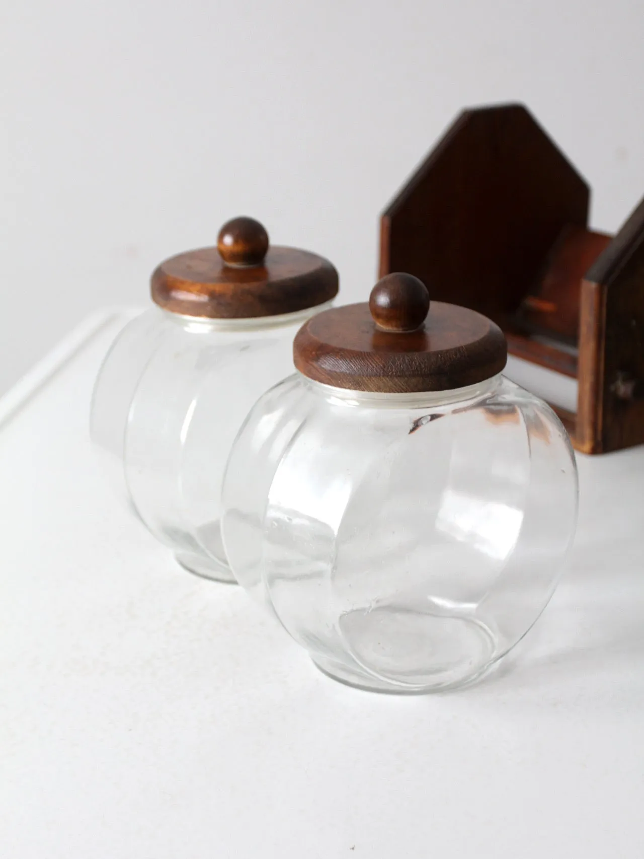 vintage glass jars with wood stand