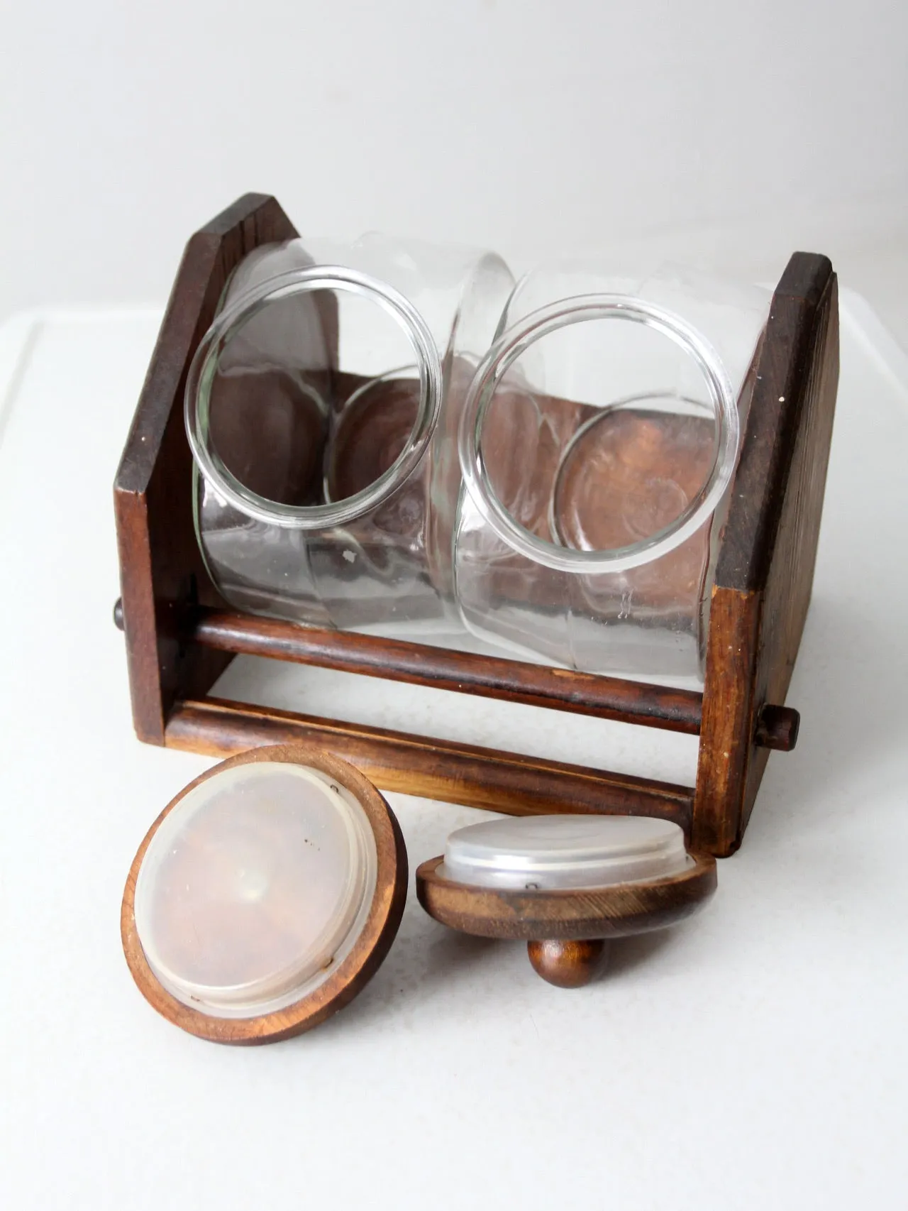 vintage glass jars with wood stand