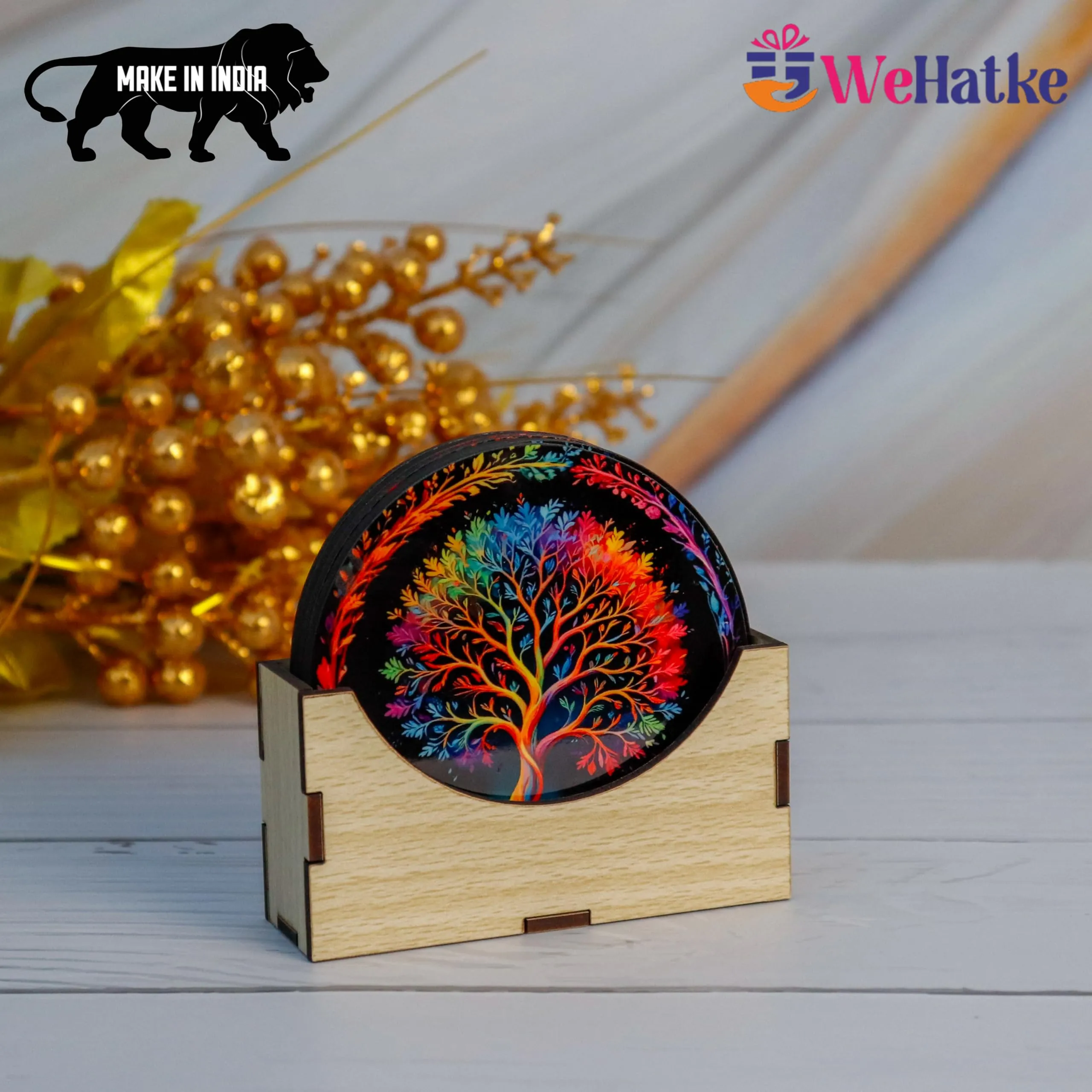 WEHATKE Wooden Coasters Set – Vibrant Mandala & Tree of Life Design Set of 6 with Proper Coaster Stand | Designer Coaster Set fit for Tea Cups, Coffee Mugs and Glasses
